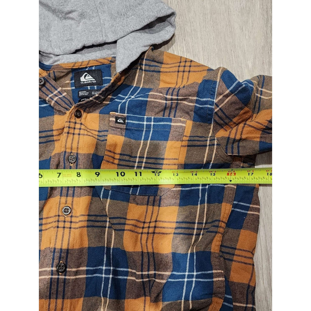 Quiksilver Plaid Flannel Hooded Shirt Long Sleeve Button Up Blue Tan Kids Large - Picture 6 of 6